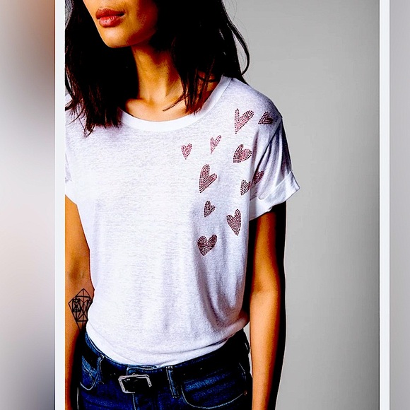 ZADIG & VOLTAIRE ANYA HEART LINEN SHORT SLEEVE T WHT RED CRYSTAL HEARTS SMALL - Picture 4 of 7